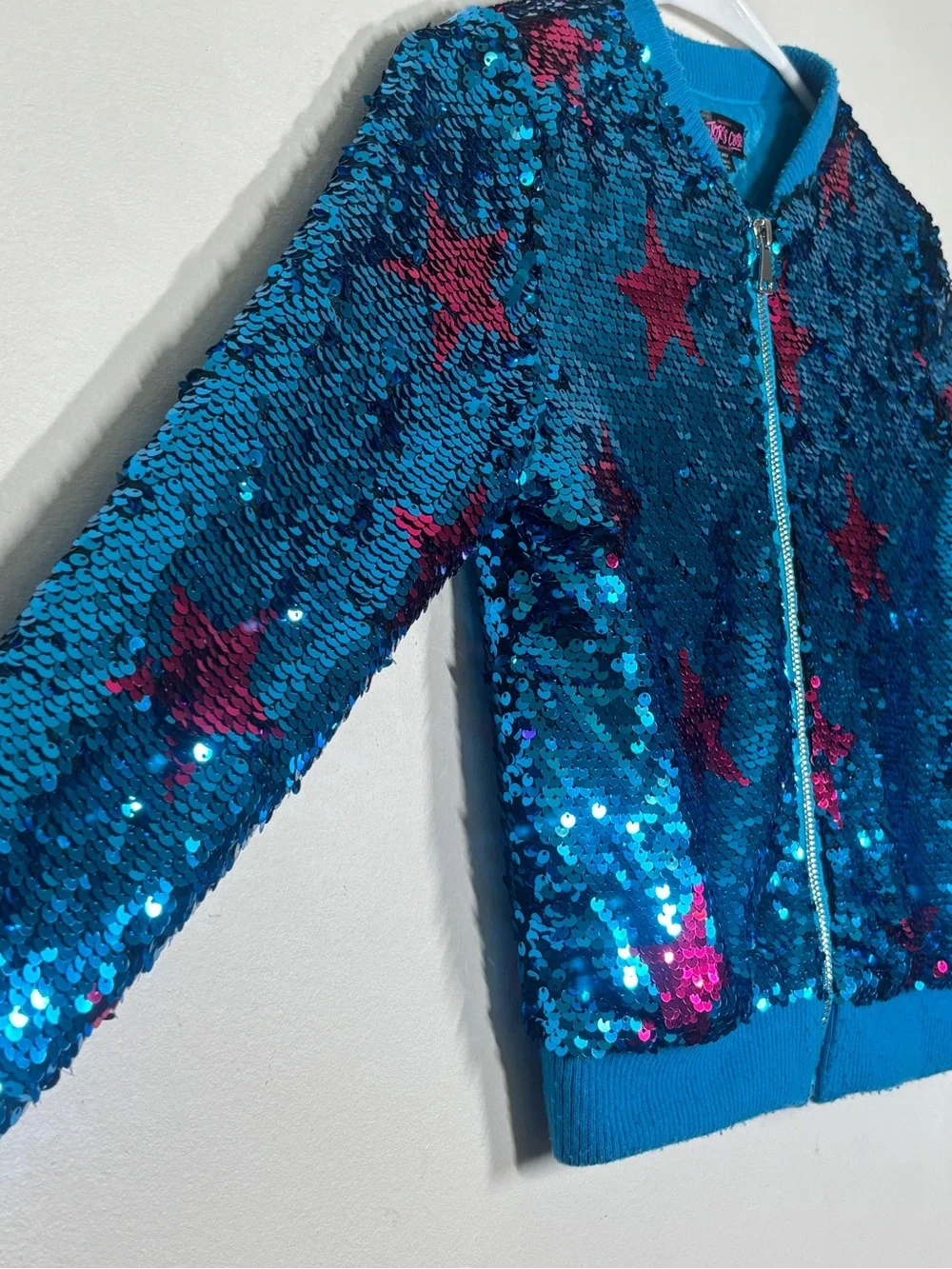 Kids Blue Sequin Star Bomber Jacket - Sparkling Zip-Up